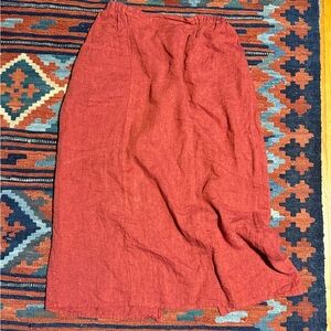 FLAX Linen Midi Skirt Patch Pockets with Back Slit Brick Red L
